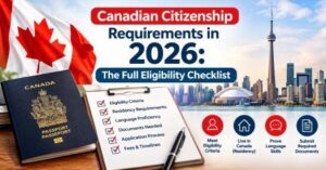 Canadian citizenship requirements infographic featuring the Canadian flag, passport, checklist, Toronto skyline, and key eligibility criteria