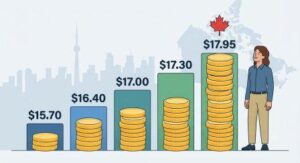 An editorial infographic illustration showing five ascending stacks of coins labeled with Canadian minimum wage rates from $15.70 to $17.95, with a red maple leaf and a Canadian map in the background.